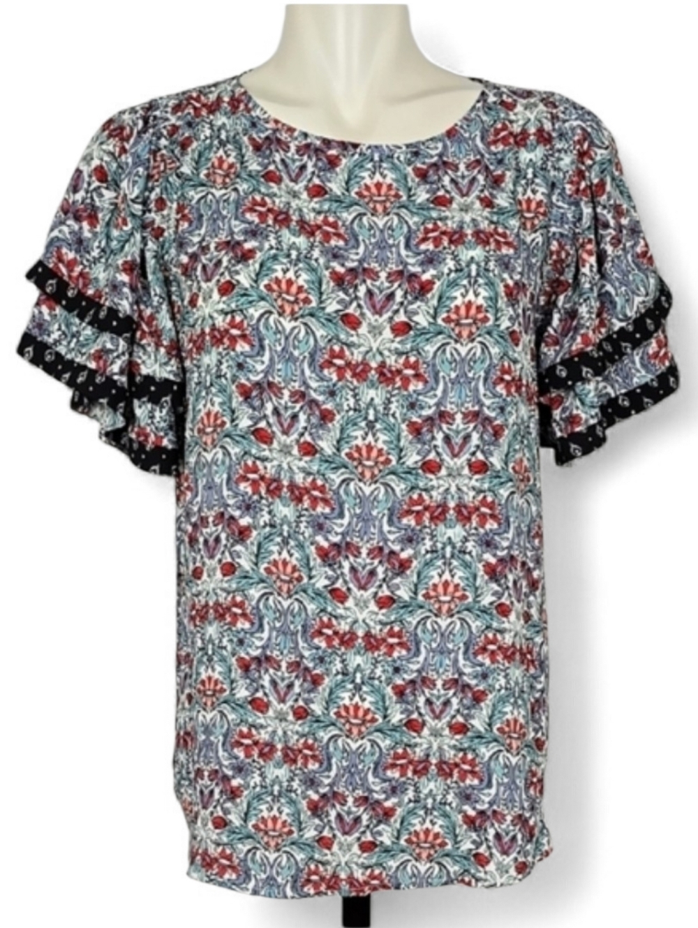 LOFT Women's Red Blue Floral Print Short Sleeves Flutter-Sleeve Boho Blouse M